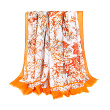 Load image into Gallery viewer, Autumn and winter new satin printing spring orchid autumn chrysanthemum outdoor ladies warm shawl scarf