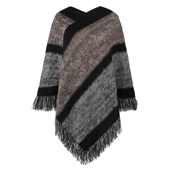 Contrast stripe knitted cape fringed cape