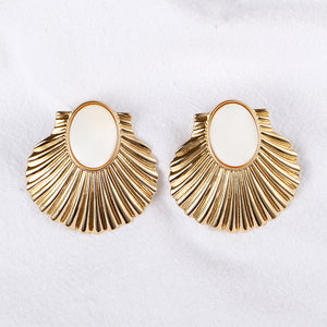 Exaggerated Fan-shaped Alloy Earrings with White Shells