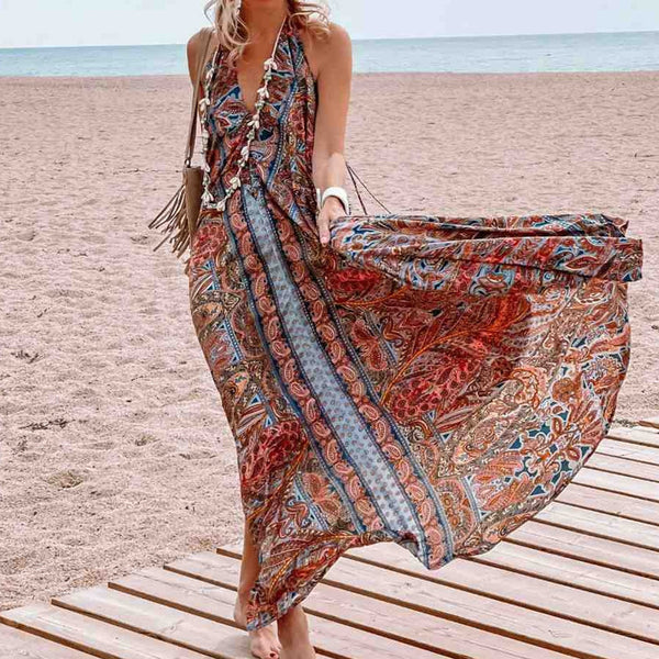 Printed neck V-neck Bohemian dress