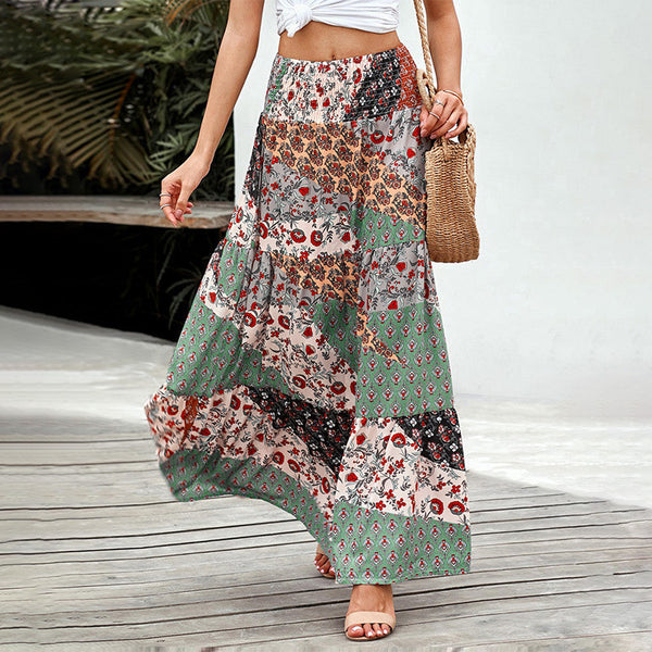 Printed skirt summer ethnic style high waist thin A-line skirt