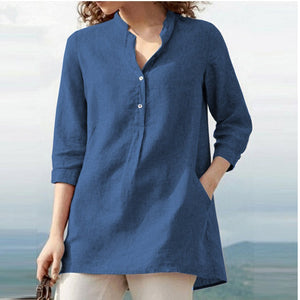 Women's wear solid color seven point sleeve stand collar cotton hemp casual pullover shirt