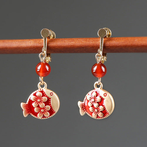 Antique Red Earrings with Cheongsam Retro Temperament Joker Jade Sterling Silver Ethnic Vintage Style Earrings