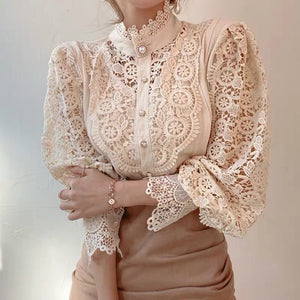 French Loose Chic Button Heavy Lace Cutout Flower Panel Long Sleeve Stand Collar Shirt