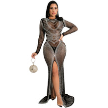 Load image into Gallery viewer, Hot drill women&#39;s mesh see-through long-sleeved slit dress women