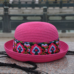 New National Style Embroidered Braided Hat, Folding Leisure Straw Hat, Summer Vacation Beach Sunshade Basin Hat