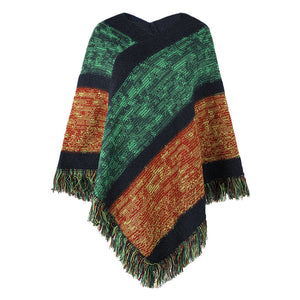 Contrast stripe knitted cape fringed cape