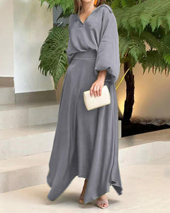 New Loose Large Size Solid Color Long Sleeve Top High Waist Long Skirt Suit