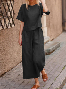 New linen casual loose solid color suit two-piece set