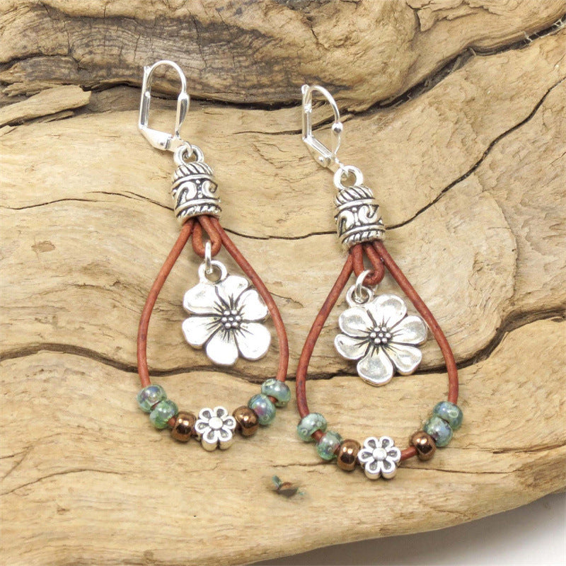 Bohemian leather rope floral earrings simple earrings