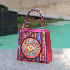 New Ethnic Style Bag Women's Handheld Double Pull Bag Versatile Small Square Bag Striped Hand Bag