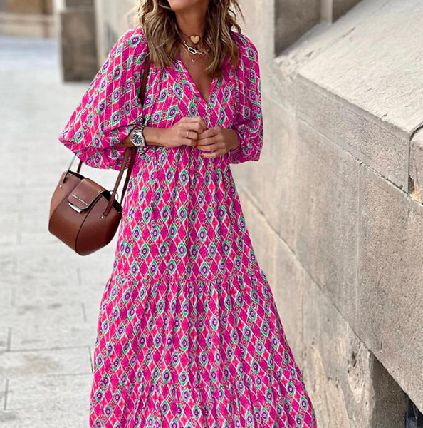 geometric patch puff sleeve dress