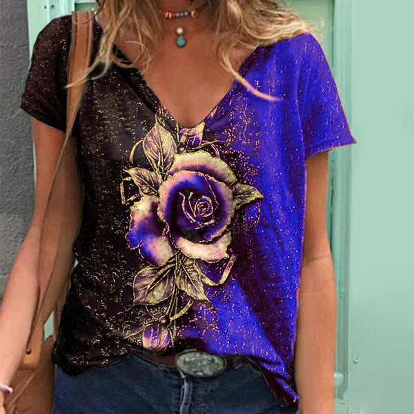 Summer V-neck 3D rose short sleeve loose T-shirt blouse