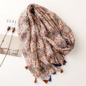 Vintage ethnic style cotton linen scarf women's geometric floral fringe shawl woman