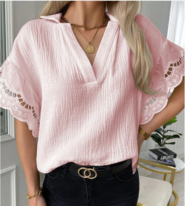 New Summer Lace Trim V Neck Short Sleeve Casual Shirt