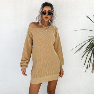 Autumn/winter casual off-the-shoulder lantern sleeve knitted sweater dress