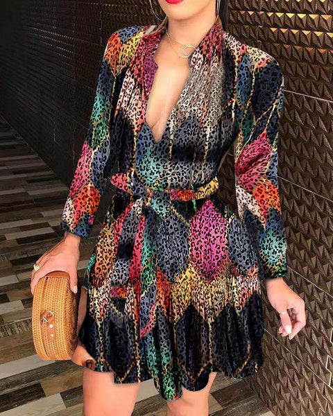 Long Sleeve V-neck Tie Fashion Sexy Printed Dress