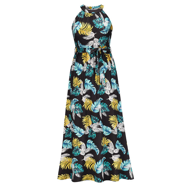 Hanging neck retro print dress seaside beach dress