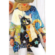 Load image into Gallery viewer, Cute Cat Drawing Printed Short-sleeved Round-necked Loose-fitting Blue Half-sleeved Sleeved Head Urban Casual Bottom T-shirt