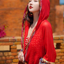 Load image into Gallery viewer, Ethnic style sunscreen cardigan women&#39;s thin desert hooded jacket embroidered retro chiffon beach blouse loose outside