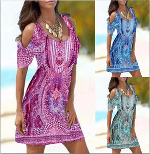 Beach Dress Floral Short Sleeves Round Collar Hollow Short Sleeve Fashion Print Dress 3 Colors