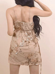 Fashion Sequins Mesh Gauze Waist Slim Fit Adjustable Shoulder Strap Mini Dress