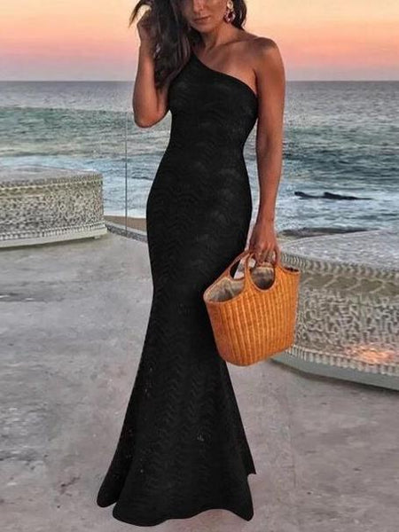 Sexy One Shoulder Solid Color Lace Bodycon Fishtail Evening Dress