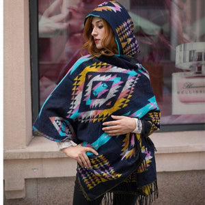 Autumn And Winter Vintage Bohemian National Style Imitation Wool Thickening Warm Hooded Cloak Shawl