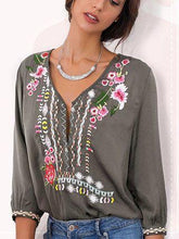 Load image into Gallery viewer, Embroidered Bohemian Floral Casual V-Neckline Sleeves Peasant Blouses Tops