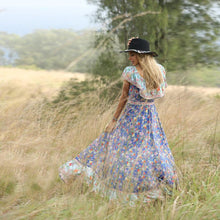 Load image into Gallery viewer, Blue Off-the-shoulder Bohemia Maxi Chiffon Floral Print Dress Beach Style Vacation Dress