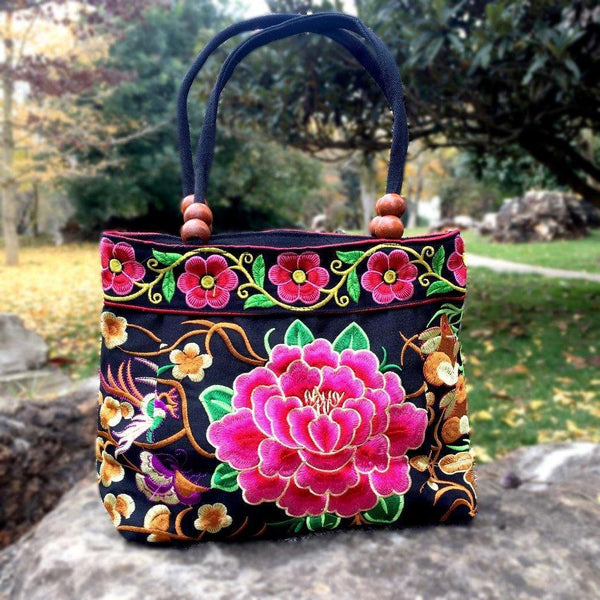 Big Peony Embroidery Ethnic Travel Women Shoulder Bags Handmade Canvas Wood Beads Handbag - hiblings