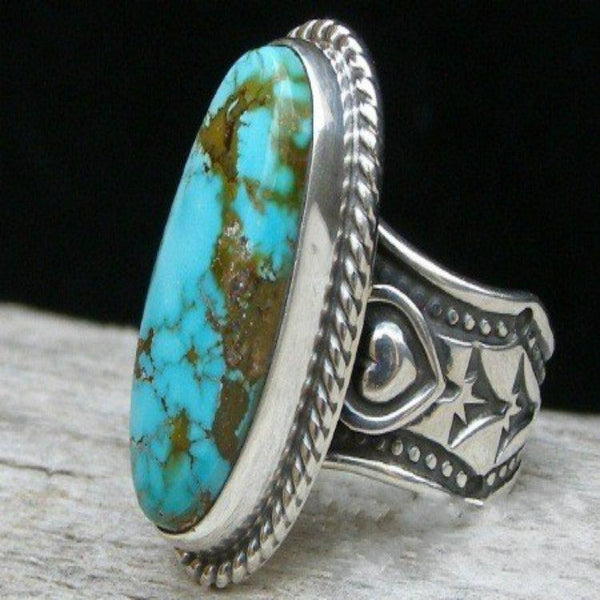 Vintage Turquoises Big Women Boho Ethnic Retro Silver Long Ring