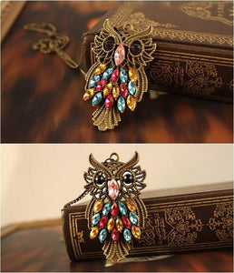 Retro Colorful Rhinestone Bronze Owl Pendant Necklace Long Chain Jewelry