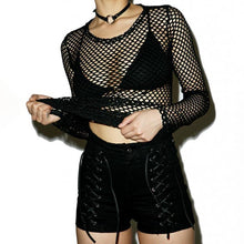 Load image into Gallery viewer, Sexy Fishnet Black Sexy Gothic Mesh Hollow Out Long Sleeve Top Ripped See Through Summer Shirt