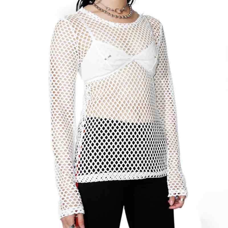 Sexy Fishnet Black Sexy Gothic Mesh Hollow Out Long Sleeve Top Ripped See Through Summer Shirt