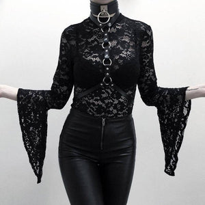 Woman Black Goth Sexy Lace Bodysuit Rompers A Line Skirt Suspender Lace Up See Through Club Wear