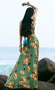 Bohemian Beach Long Skirt with Split Irregular Seaside Halter Strap Print Dress