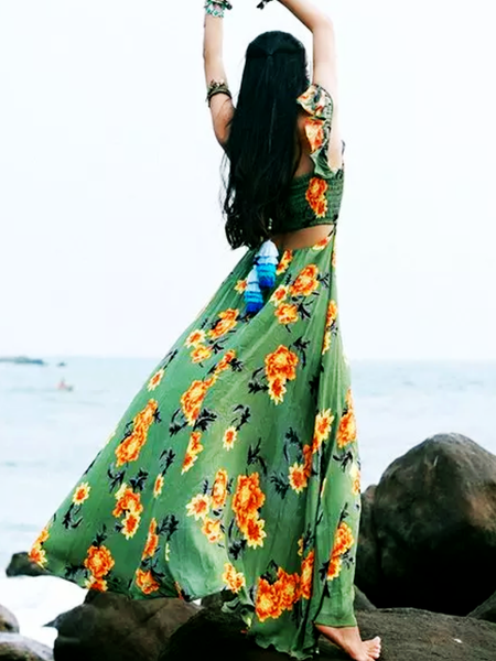 Bohemian Beach Long Skirt with Split Irregular Seaside Halter Strap Print Dress