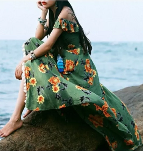 Bohemian Beach Long Skirt with Split Irregular Seaside Halter Strap Print Dress