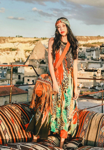 Bohemian Vintage Ethnic Long Skirt Chiffon Oil Color Printed Temperament Dress