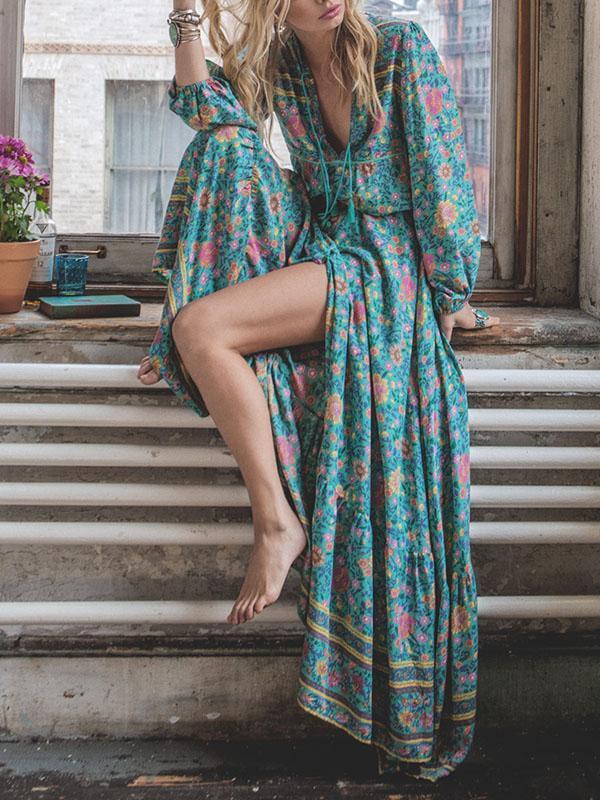 Floral Split-front Puff Sleeves Bohemia Maxi Dress