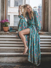 Load image into Gallery viewer, Floral Split-front Puff Sleeves Bohemia Maxi Dress