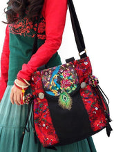 Load image into Gallery viewer, National style retro college literary embroidery one shoulder slung mobile handbag peacock