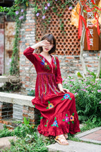 Load image into Gallery viewer, Boho Gypsy Floral Embroidery V Neck Maxi Dress