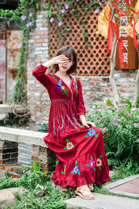 Boho Gypsy Floral Embroidery V Neck Maxi Dress