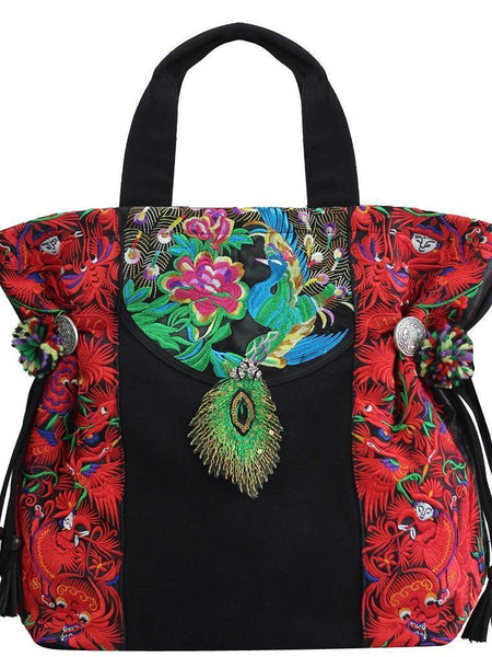 National style retro college literary embroidery one shoulder slung mobile handbag peacock