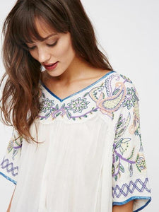 Popular Fashion Inwrought Floral-Print V Neck Half Sleeve T-Shirt Tops