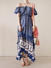 Load image into Gallery viewer, Bohemian Tassel Off The Shoulder Dress Floral Print Maxi Hippie Long Dress