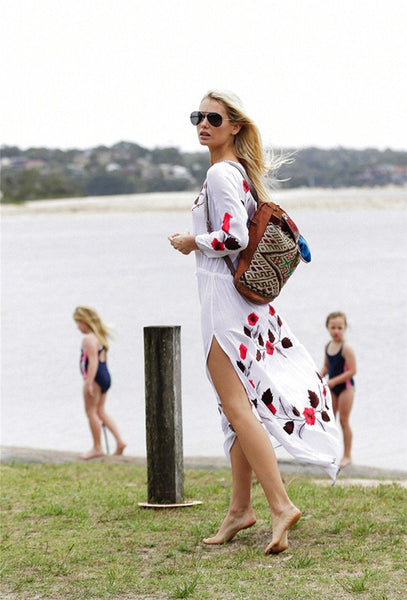 Floral Long Sleeve Split Beach Maxi Dress
