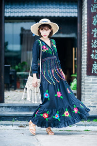 Boho Gypsy Floral Embroidery V Neck Maxi Dress